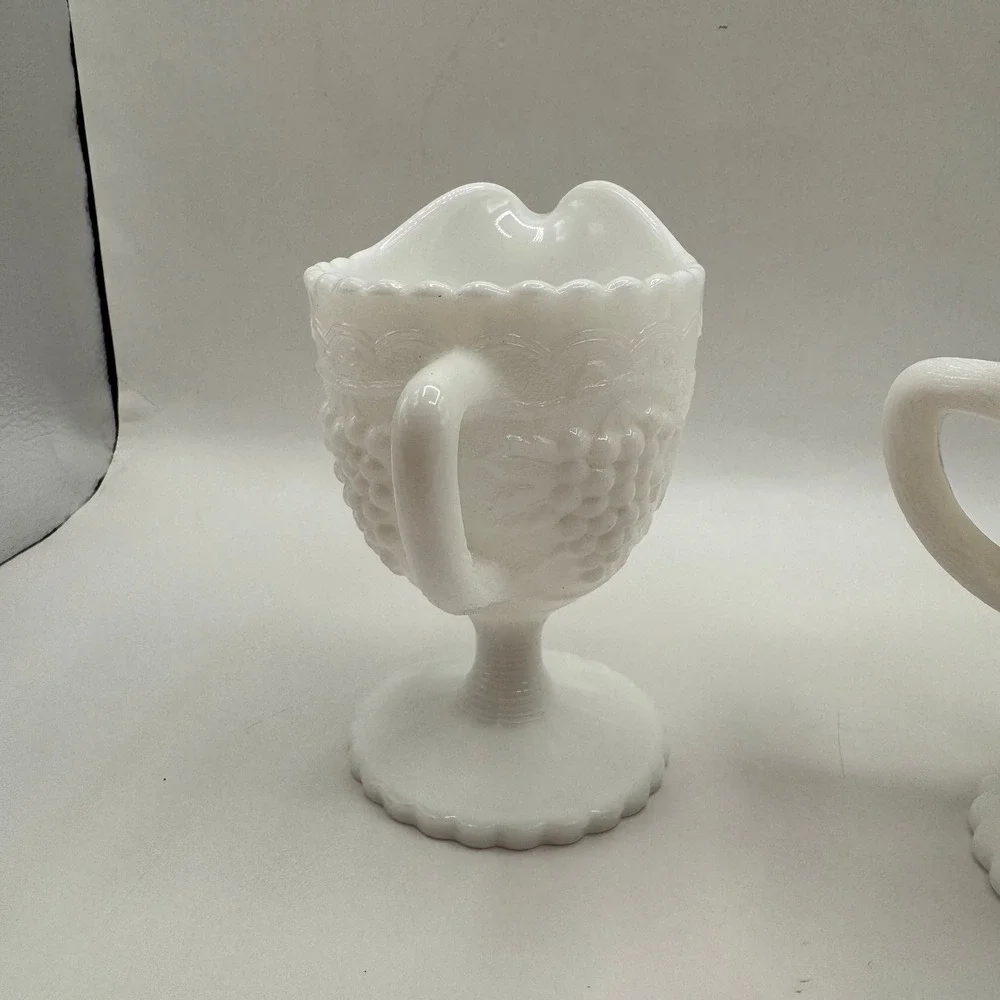 Imperial Glass Cream and Sugar Set White Milk Glass Vintage Grape Pattern Footed